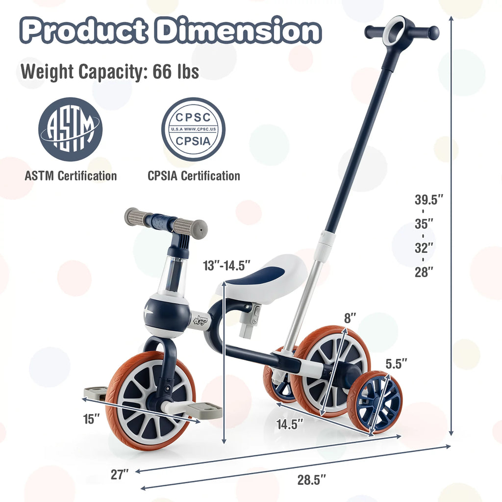 4 in 1 Kids Tricycles with Push Handle & Training Wheels Navy U577139